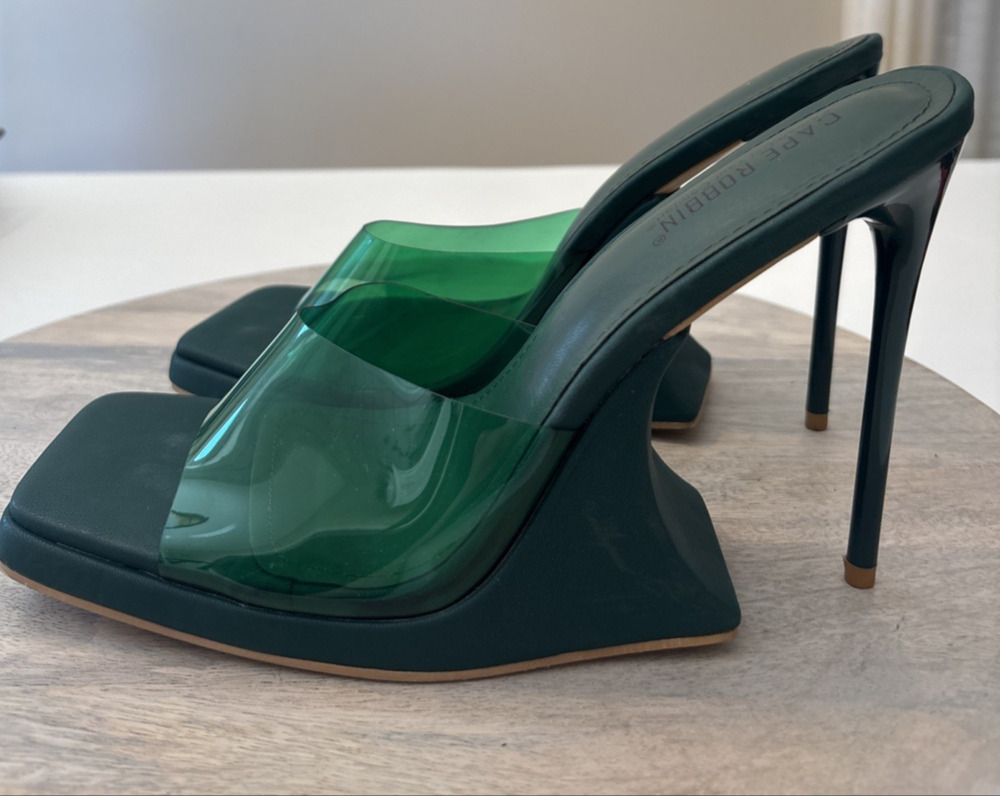 Cape Robbin Magana Green Clear Strap Square Toe Stiletto Heel Mules Size 11